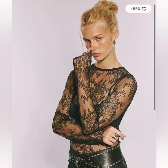 Free People Black Floral Lace Sheer Blouse - Picture 2 of 8